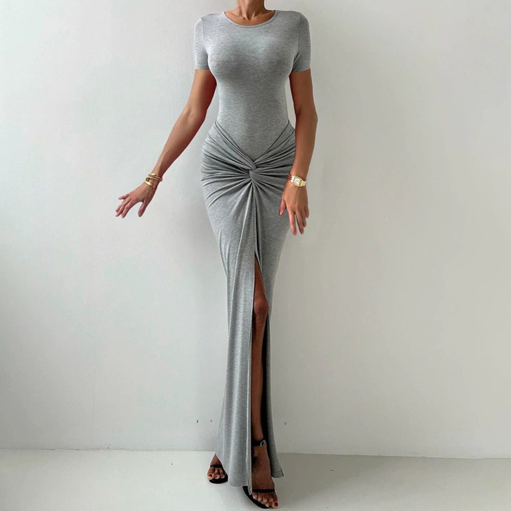 Zara Spring Solid Bodycon Round Neck High Waist Pleated Split Dress